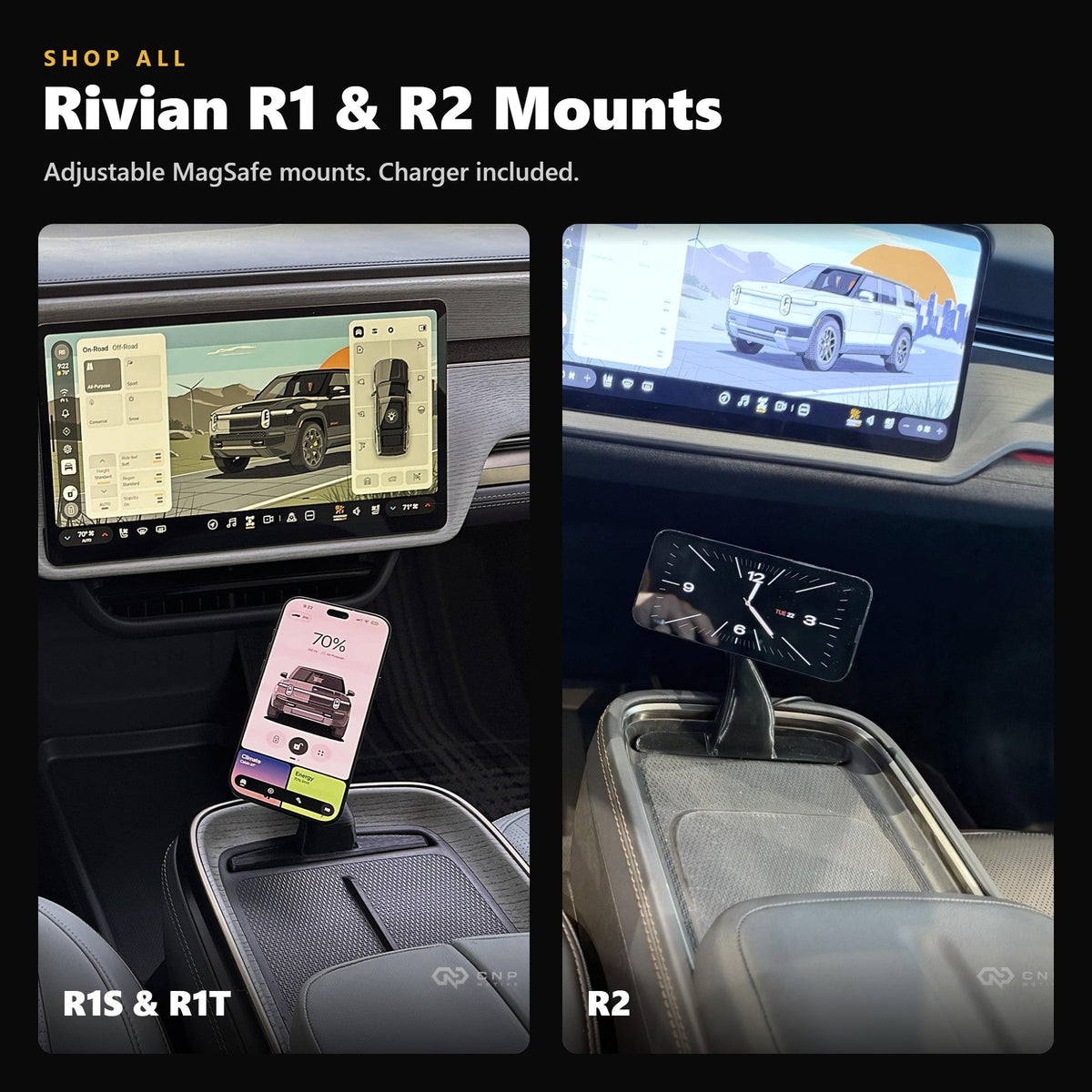 CNP Motive adjustable MagSafe mounts for Rivian R1S/R1T and R2, charger included