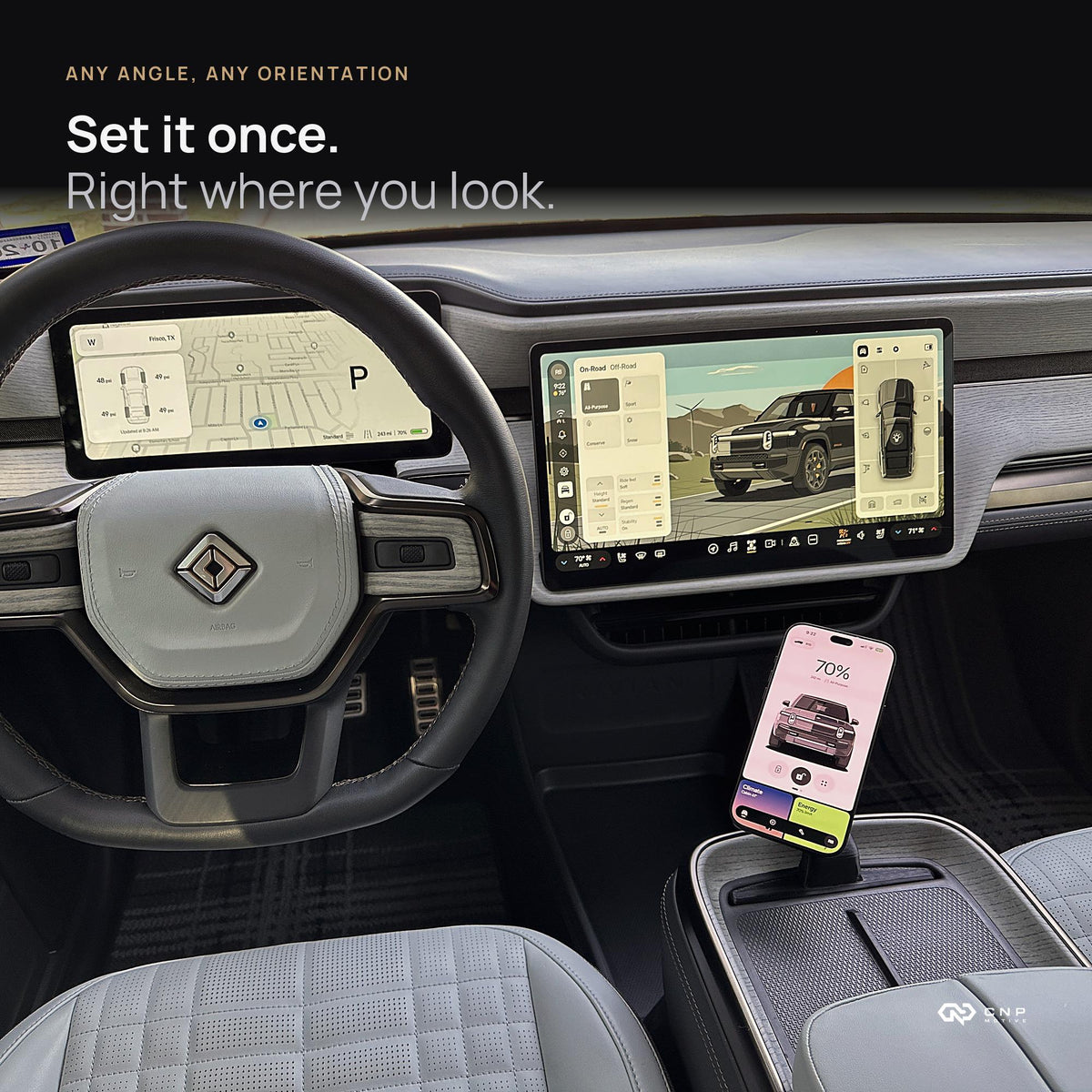 CNP Motive adjustable MagSafe phone mount in a Rivian R1S/R1T center console