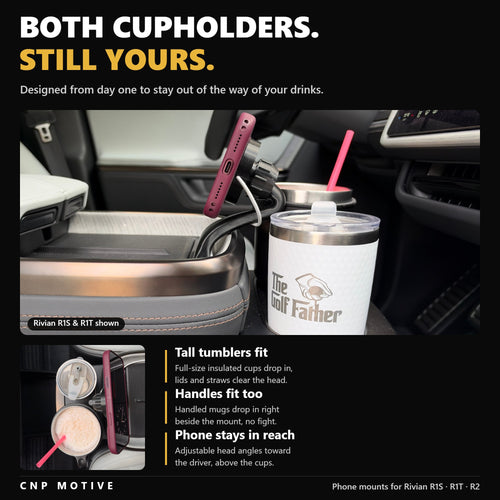 Both cupholders stay usable with the CNP Motive mount installed in a Rivian R1S — tall tumbler and handled mug beside the phone
