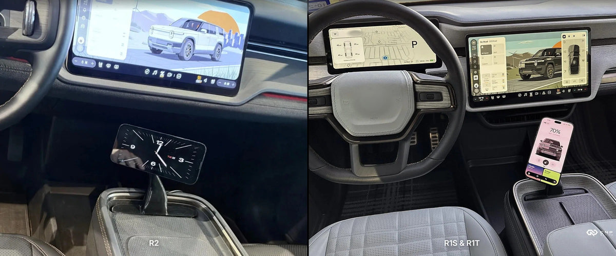 CNP Motive adjustable phone mount in a Rivian center console, iPhone angled toward the driver