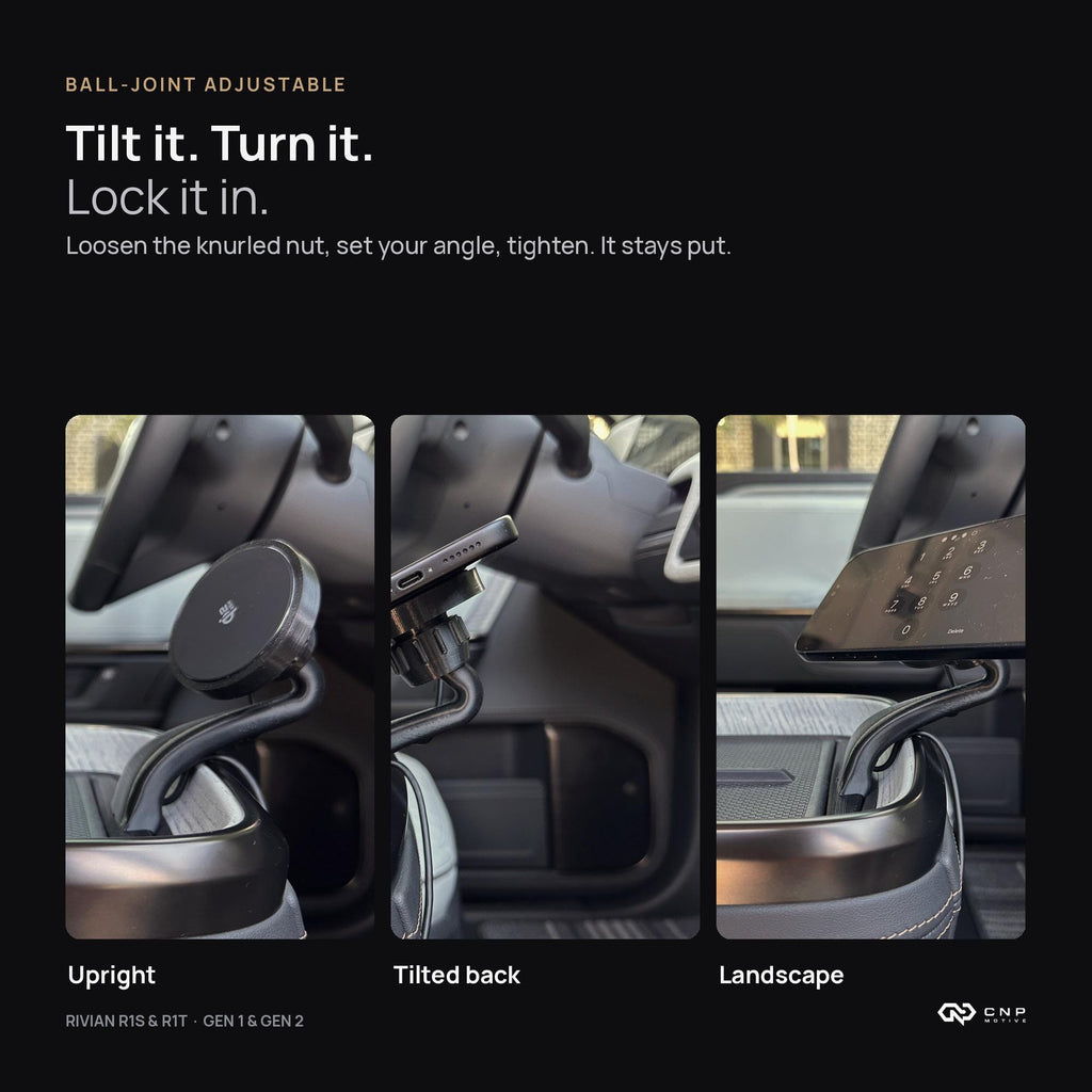 CNP Motive phone mount in a Rivian R1S/R1T console in three positions: upright, tilted back, and landscape