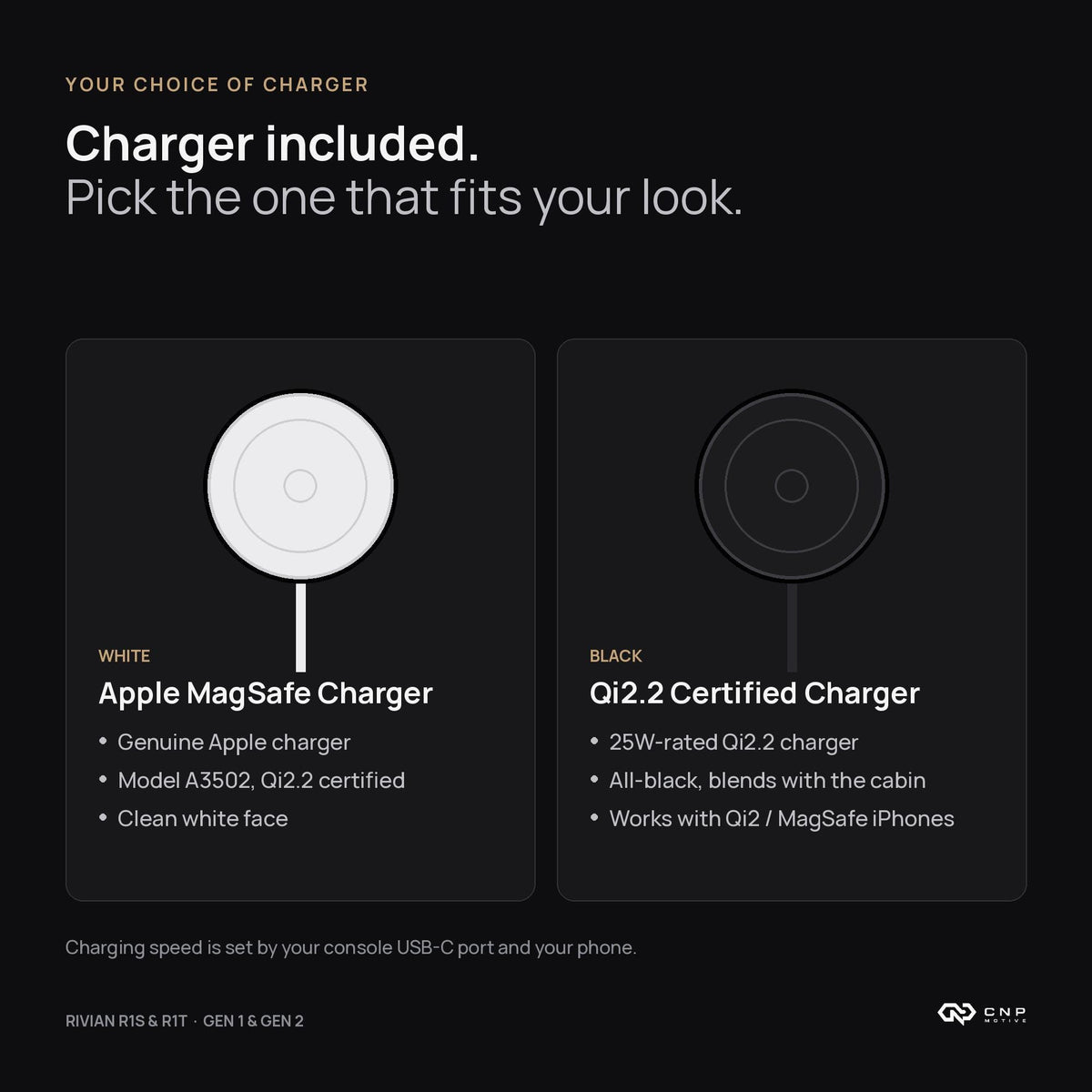 Charger options for the CNP Motive phone mount: white Apple MagSafe charger or black Qi2.2 charger