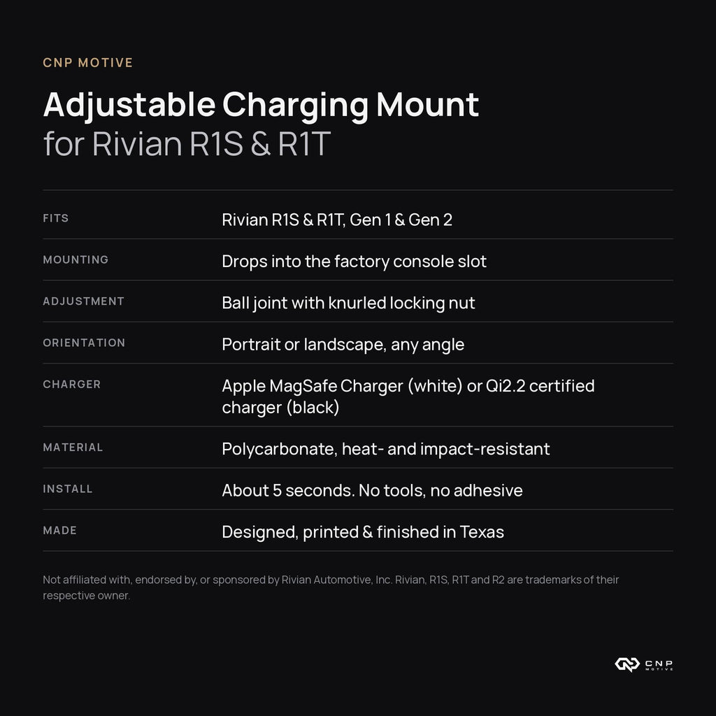Spec sheet for the CNP Motive MagSafe phone mount for Rivian R1S and R1T