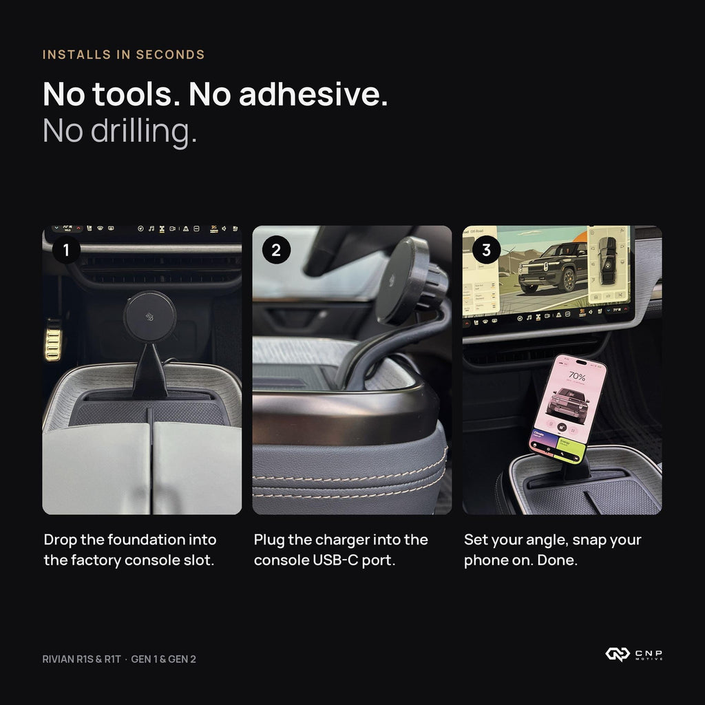 Three-step install of the CNP Motive phone mount for Rivian R1S and R1T: drop into console slot, plug into USB-C, attach phone