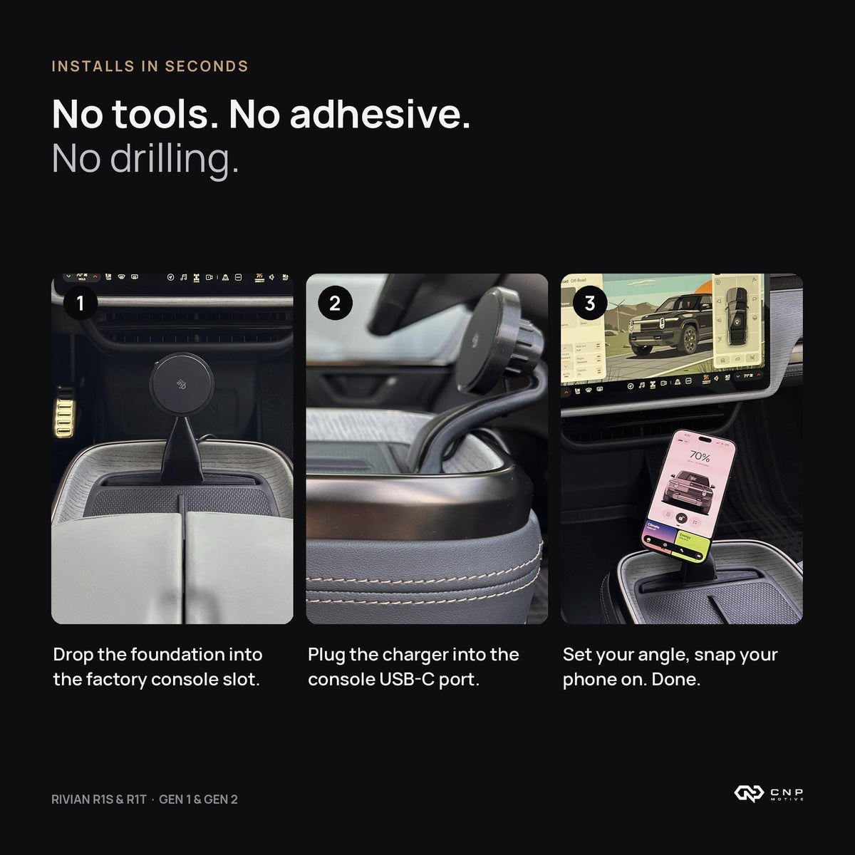 Three-step install of the CNP Motive phone mount for Rivian R1S and R1T: drop into console slot, plug into USB-C, attach phone