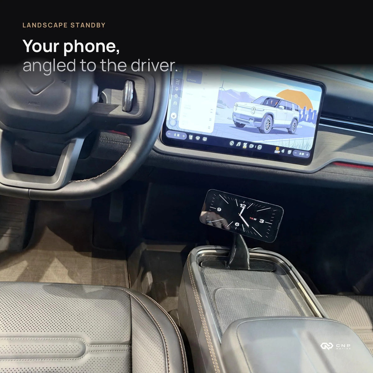 CNP Motive phone mount angled toward the driver in a Rivian R2 center console