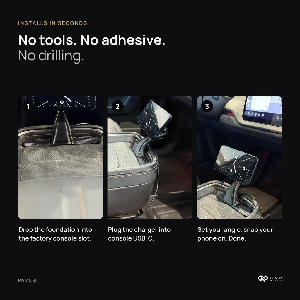 Three-step install of the CNP Motive phone mount for Rivian R2: drop into console slot, plug into USB-C, attach phone