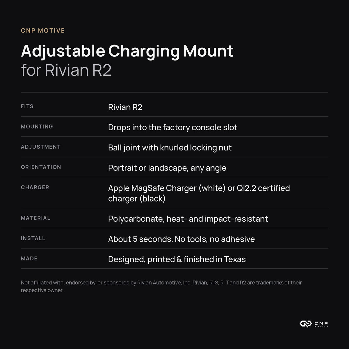 Spec sheet for the CNP Motive MagSafe phone mount for Rivian R2