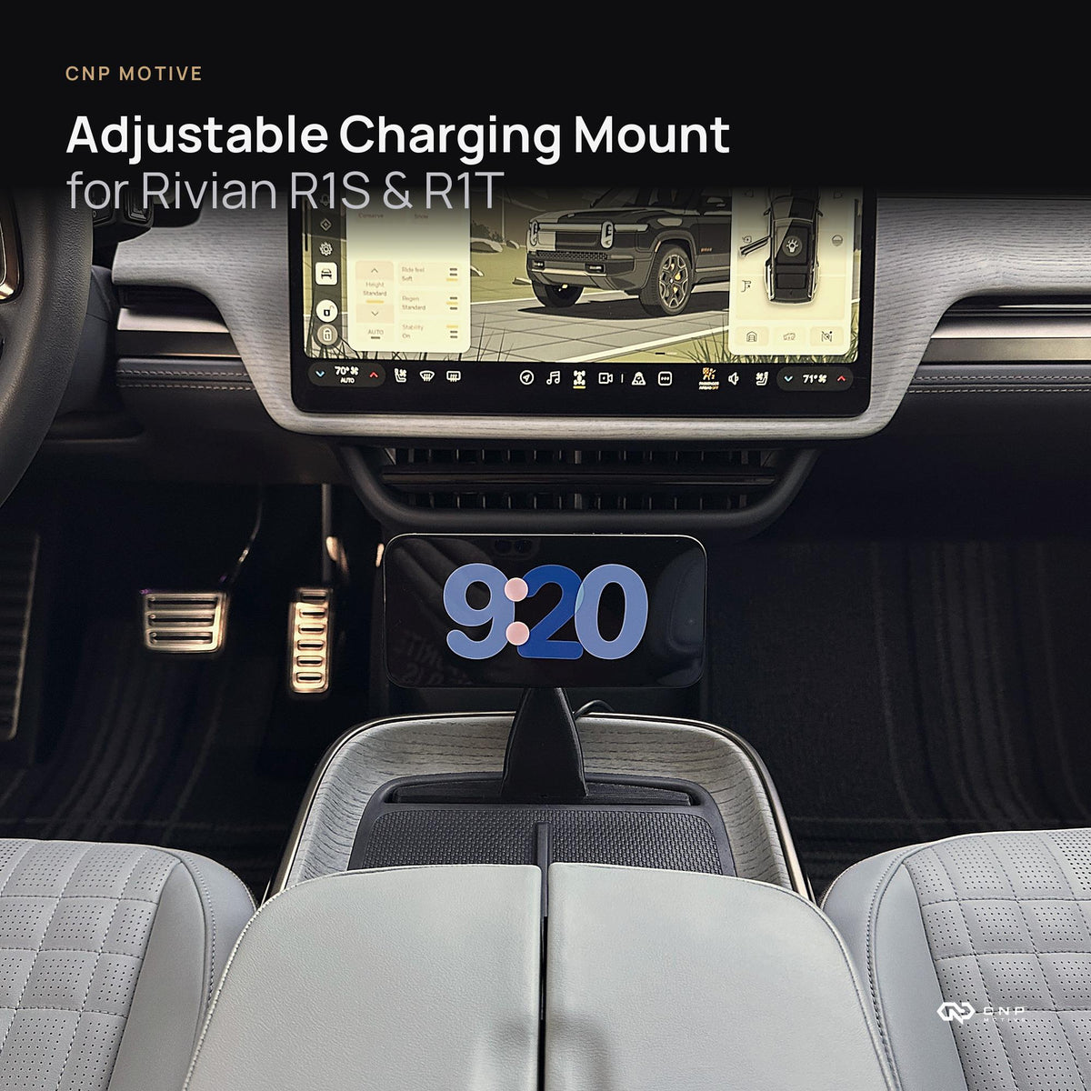 CNP Motive MagSafe phone mount in a Rivian R1S center console, iPhone in landscape StandBy mode