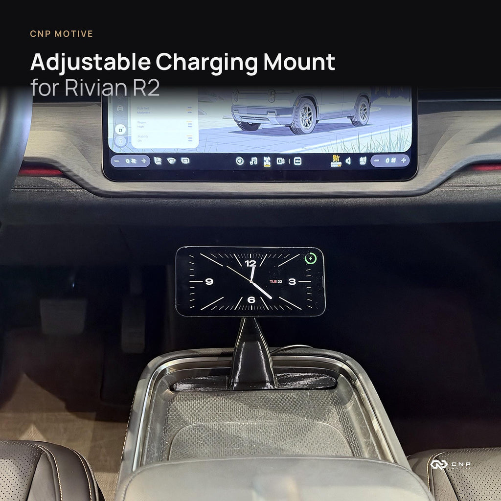CNP Motive MagSafe phone mount in a Rivian R2 center console, iPhone in landscape