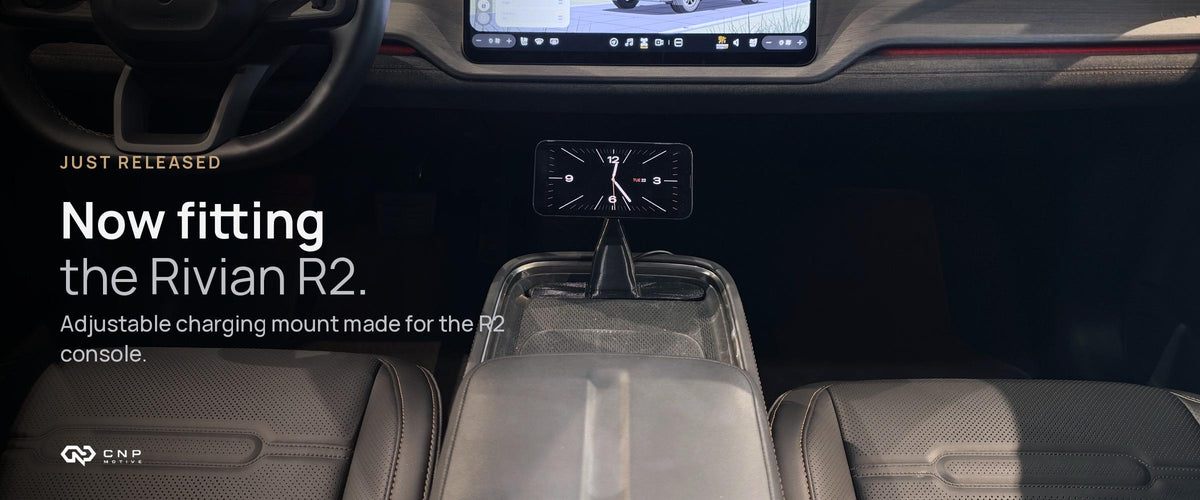 Rivian R2 dash and center console with the adjustable MagSafe phone mount